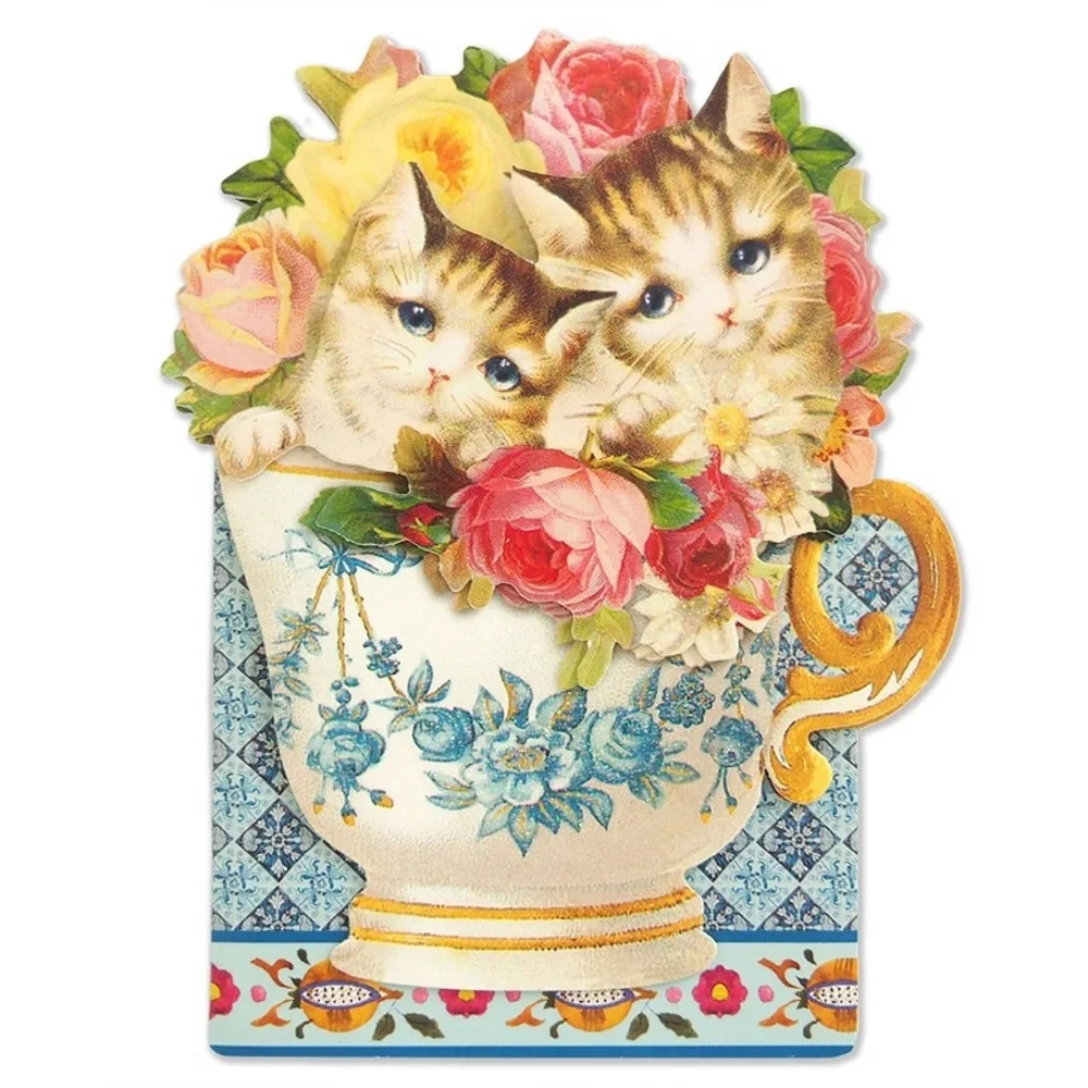Punch Studio Single (1) Embellished 3D Card ~ Kittens in Tea Cup (58719)